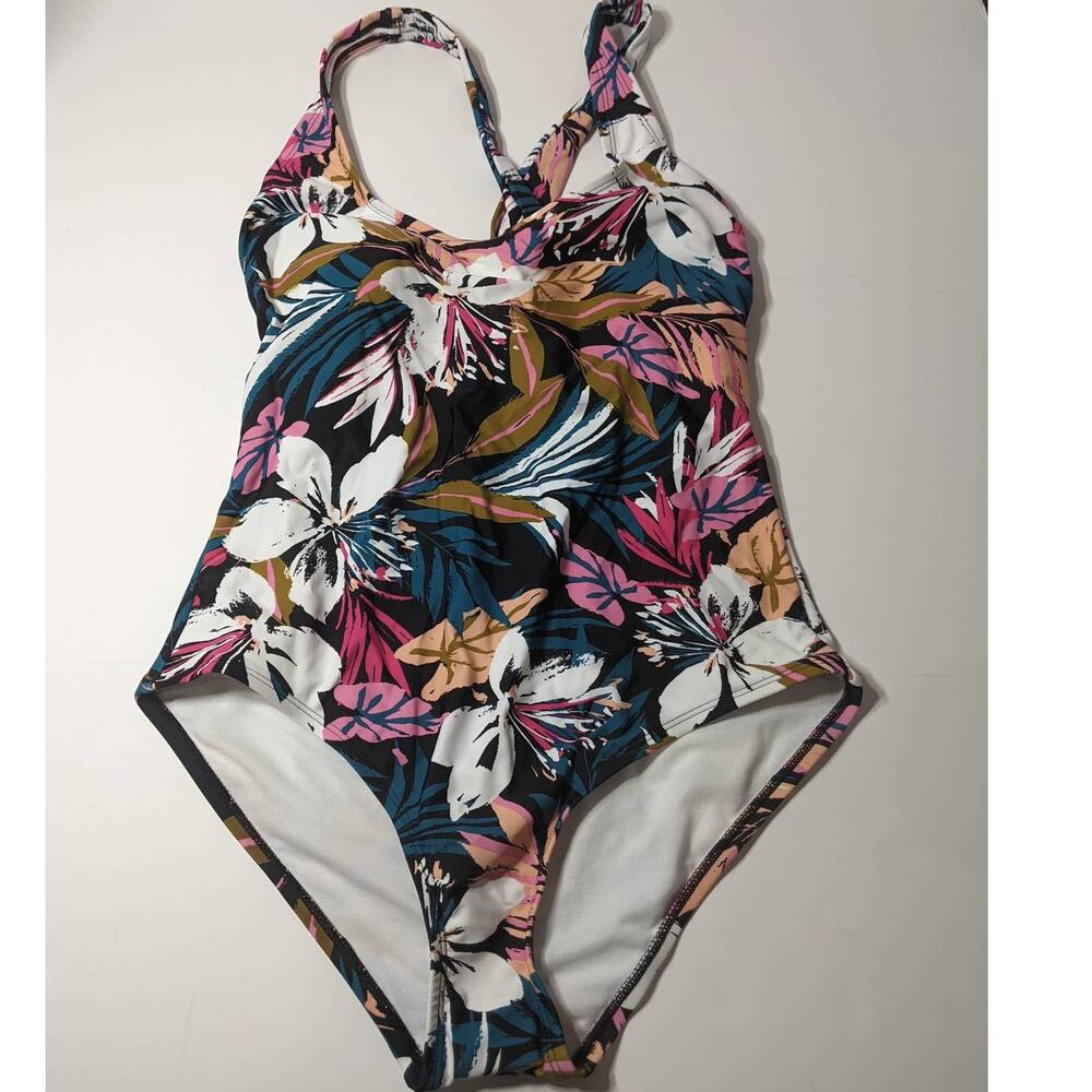 Kona Sol One Piece Swimsuit Tropical Twist Back Medium 8-10 Floral Plants‎
